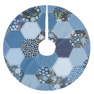 Blumenmuster, Denim Patchwork: blaues Muster. Polyester Weihnachtsbaumdecke