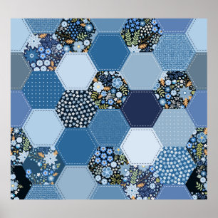 Blumenmuster, Denim Patchwork: blaues Muster. Poster