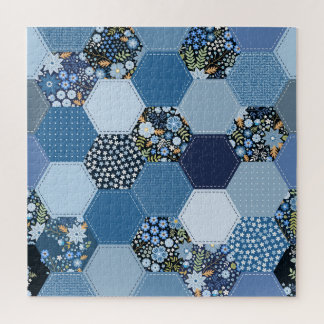 Blumenmuster, Denim Patchwork: blaues Muster. Puzzle