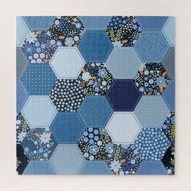 Blumenmuster, Denim Patchwork: blaues Muster. Puzzle (Vertikal)