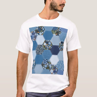 Blumenmuster, Denim Patchwork: blaues Muster. T-Shirt