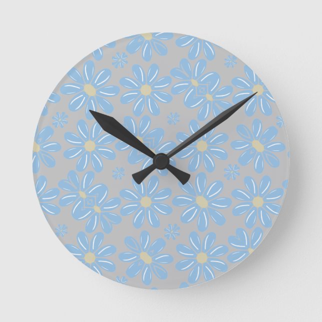 Blumenmuster der blauen Blume - Wall Clock Runde Wanduhr (Vorderseite)