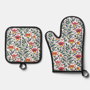 Blumenmuster der Folklorekunst Ofenhandschuh & Topflappen-Set