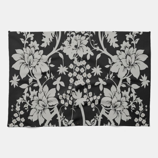 Blumenmuster des schwarzen und silbernen Staubes Geschirrtuch (Horizontal)