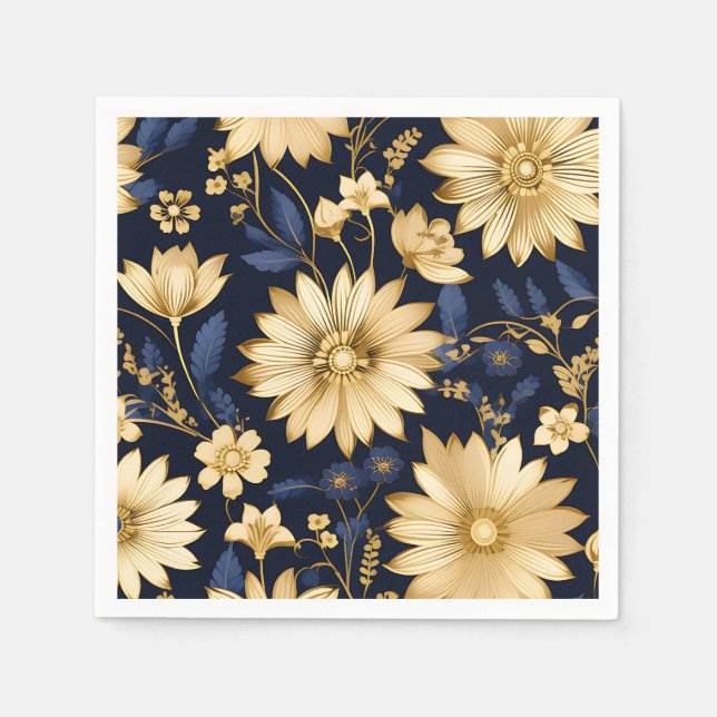 Blumenmuster Elegantes Gold und Blau Serviette (Vorderseite)