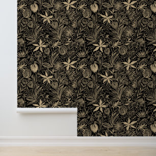 Blumenmuster Elegantes Schwarzes Gold Tapete