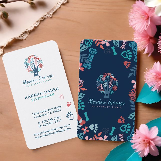 Blumenmuster- & Foliage-Pet-Pet-Druck-Muster Baums Visitenkarte (Floral & Foliage Pet Paw Print Pattern Tree Navy Business Card)