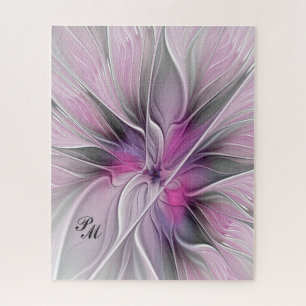 Blumenmuster Fraktal Abstrakte Blume Rosa Graue In Puzzle