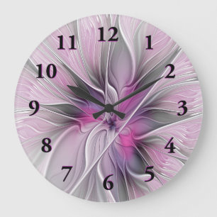Blumenmuster Fraktal Moderne Abstrakte Blume Rosa  Große Wanduhr