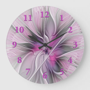 Blumenmuster Fraktal Moderne Abstrakte Blume Rosa  Große Wanduhr