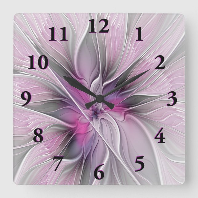 Blumenmuster Fraktal Moderne Abstrakte Blume Rosa  Quadratische Wanduhr (Vorderseite)