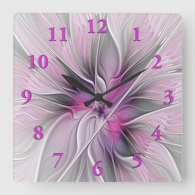 Blumenmuster Fraktal Moderne Abstrakte Blume Rosa  Quadratische Wanduhr (Vorderseite)