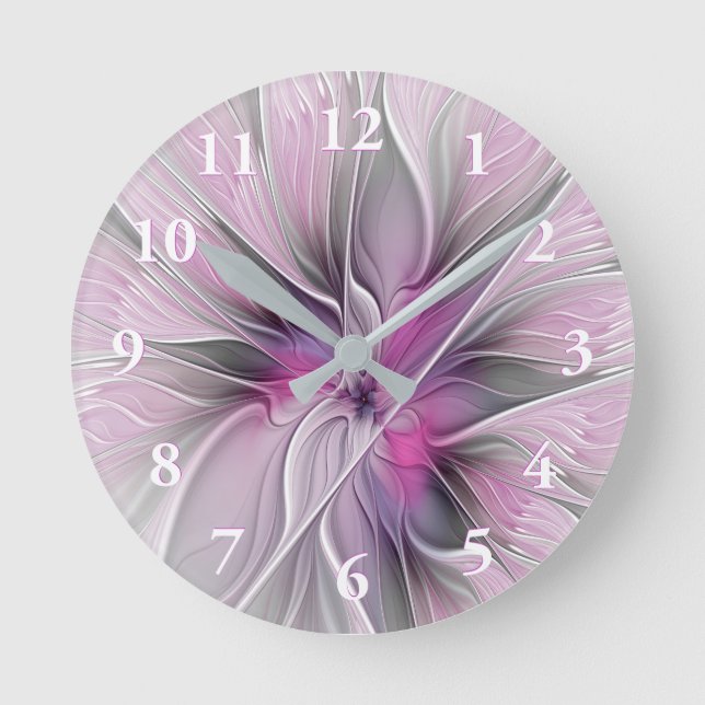 Blumenmuster Fraktal Moderne Abstrakte Blume Rosa  Runde Wanduhr (Vorderseite)
