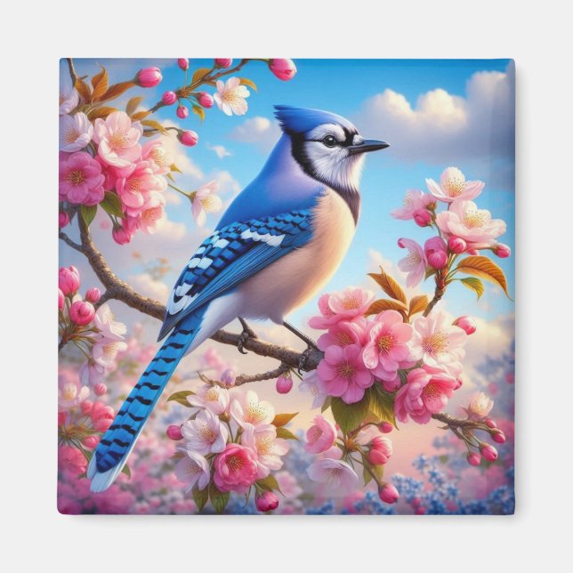 Blumenmuster/Frühling Blau Jay Art Magnet (Vorne)