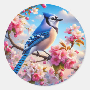 Blumenmuster/Frühling Blau Jay Art Runder Aufkleber