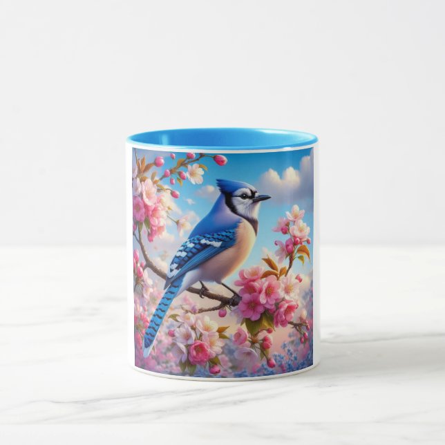 Blumenmuster/Frühling Blau Jay Art Tasse (Zentrum)