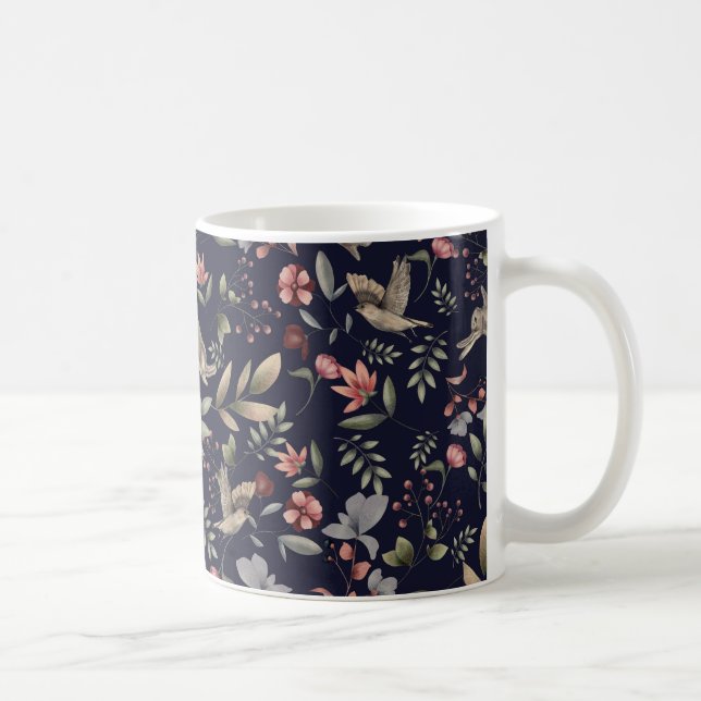 Blumenmuster für Navy-Woodland-Tiere Blätter Kaffeetasse (Rechts)