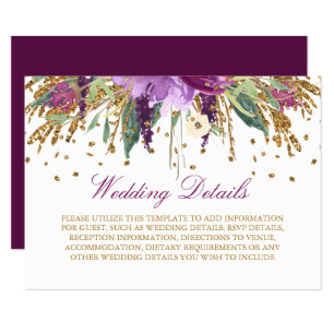 Blumenmuster-Glitzer Amethyst-Hochzeitsempfehlung  Begleitkarte
