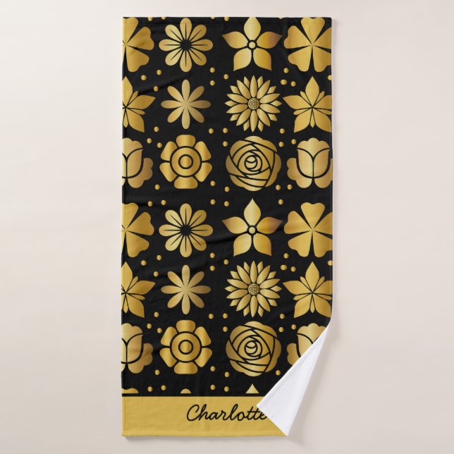 Blumenmuster Golddoodle-Rose personalisierter Name Badehandtuch (Badehandtuch)