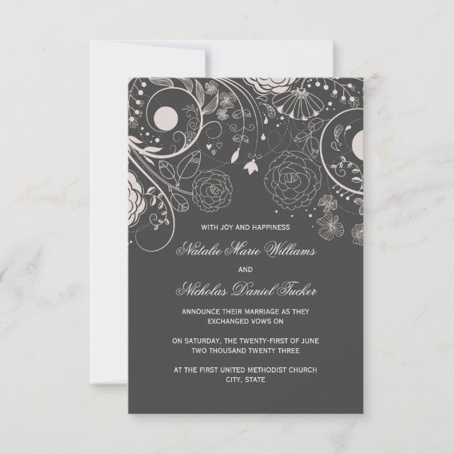 Blumenmuster Grau - 3x5 Hochzeitsankündigung Einladung (Vorderseite)