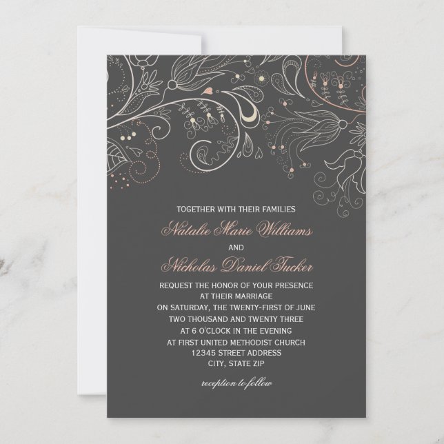 Blumenmuster Grau Tulip - Einladung zur Hochzeit (Vorderseite)