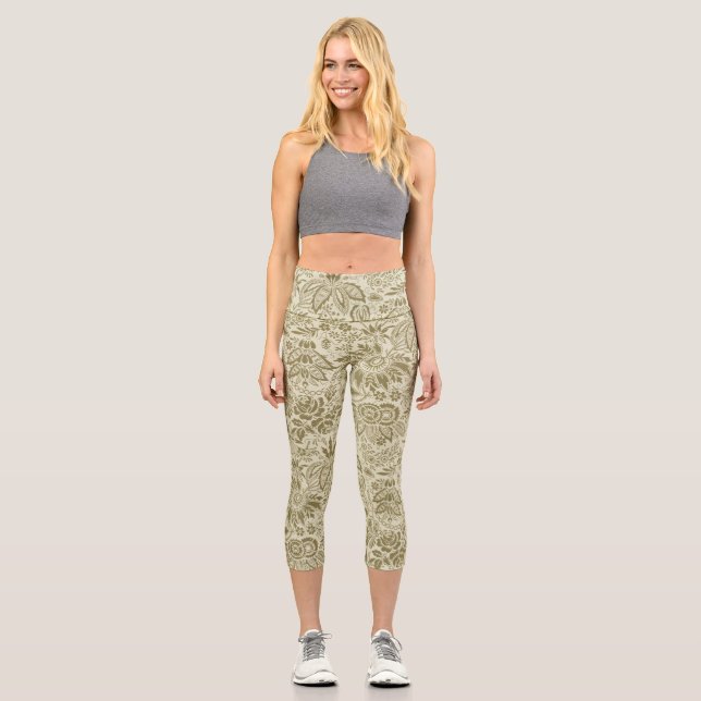 Blumenmuster Green Sage Antike Damaskus Capri Leggings (Vorderseite)