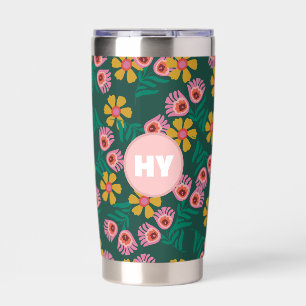 Blumenmuster grün süßes Monogramm Wasserflasche Thermobecher