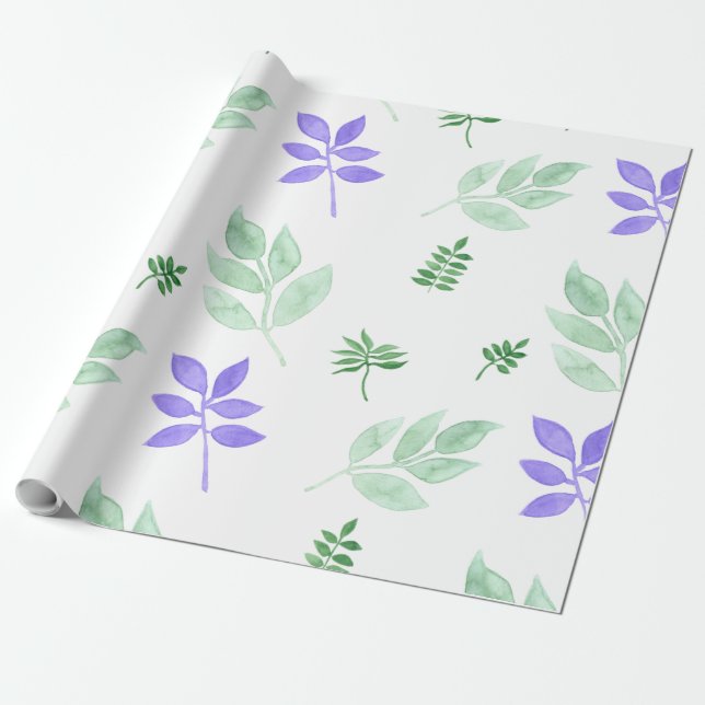 Blumenmuster, grüne und lila Blätter Geschenkpapier (Ungerollt)