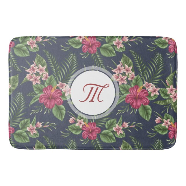 Blumenmuster Hibisken Monogramm Bath Mat Badematte (Vorderseite)