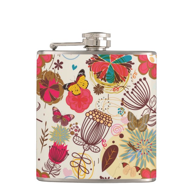 Blumenmuster im Retro-Stil 4 Flachmann (Vorderseite)