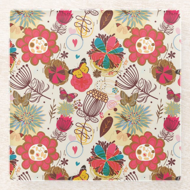 Blumenmuster im Retro-Stil 4 Glasuntersetzer (Vorderseite)