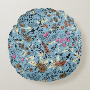 Blumenmuster im Vintage-Stil, blaue Hintergrundfar Rundes Kissen