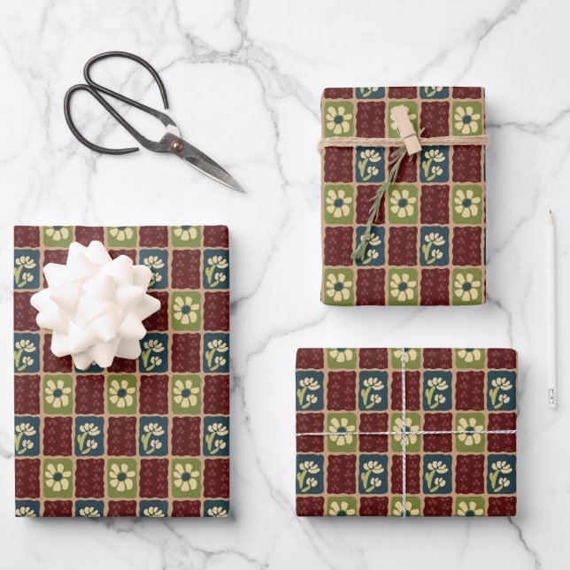 Blumenmuster im Vintage-Stil (Rot) Geschenkpapier Set (Vorderseite)