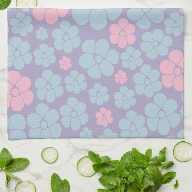 Blumenmuster in Blau, Lila und Rosa Geschirrtuch (Gefaltet)