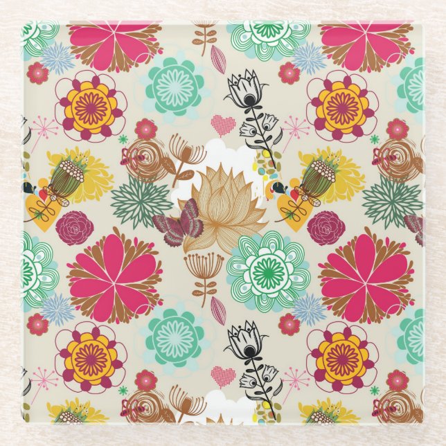 Blumenmuster in der Retro Art Glasuntersetzer (Vorderseite)