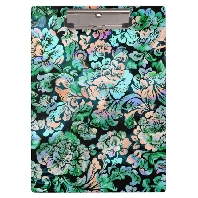 Blumenmuster in Grün und Pfirsichfarben Klemmbrett (Vorderseite)