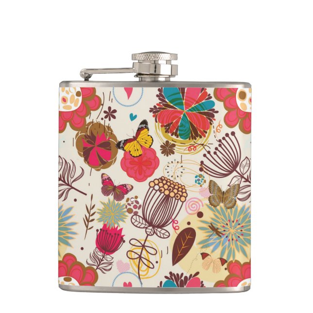 Blumenmuster in Retro Art 4 Flachmann (Vorderseite)