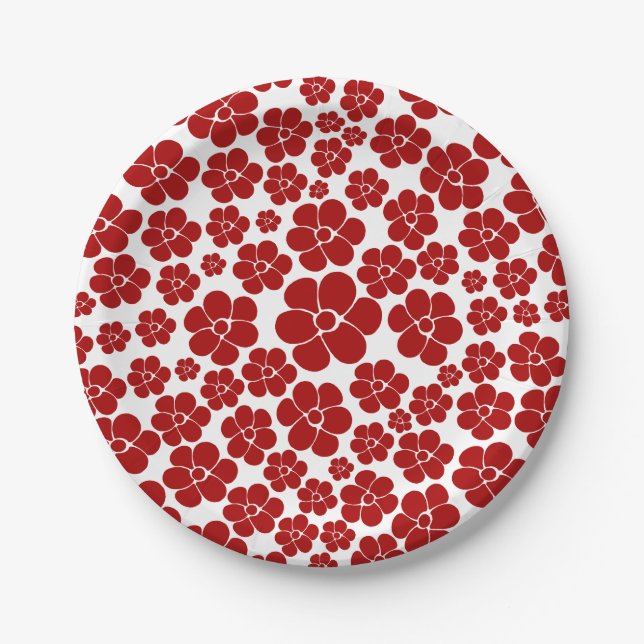 Blumenmuster in Rot und Weiß Pappteller (Vorderseite)