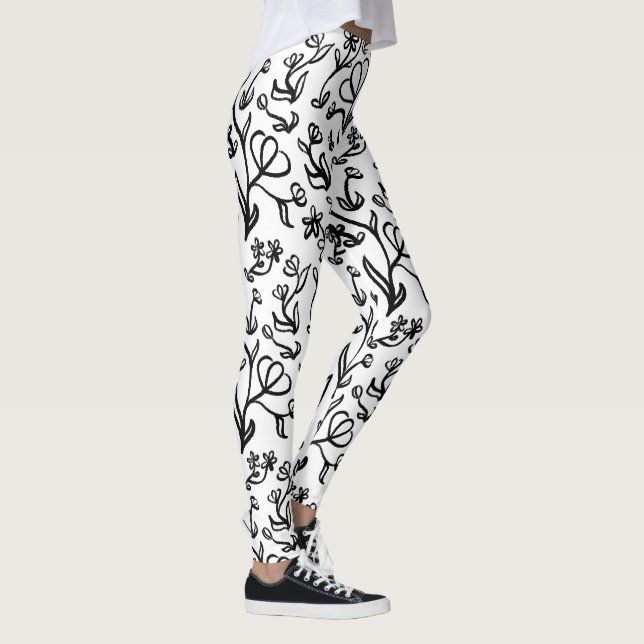 Blumenmuster in Schwarz und Weiß Leggings (Rechts)