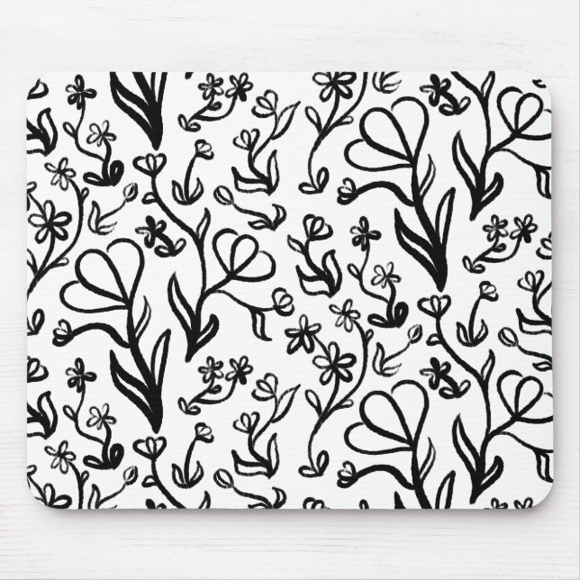 Blumenmuster in Schwarz und Weiß Mousepad (Vorne)