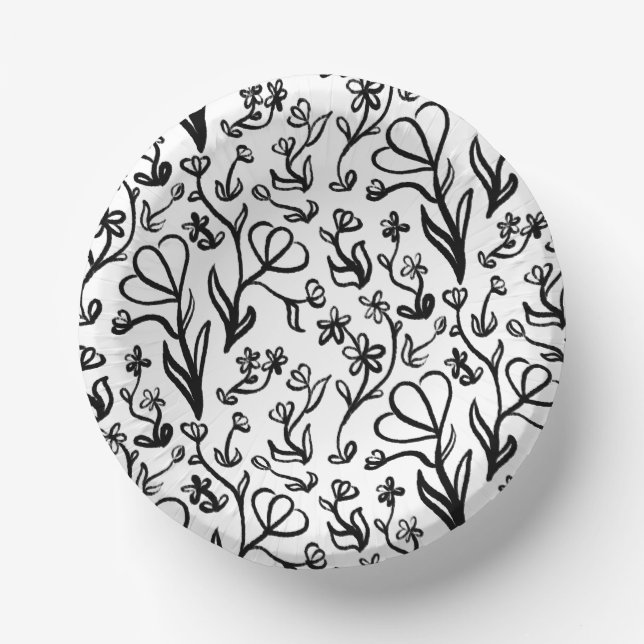 Blumenmuster in Schwarz und Weiß Pappteller (Vorderseite)