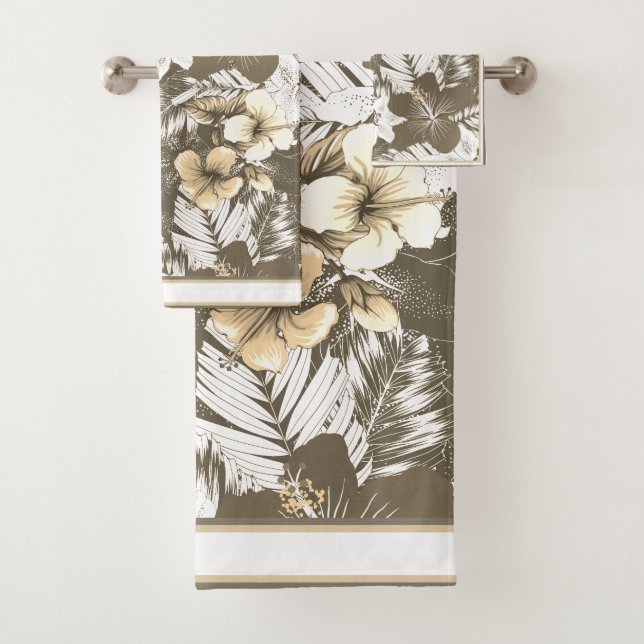 Blumenmuster in Taupe, Elfenbein, Weiße Mischungen Badhandtuch Set (Insitu)