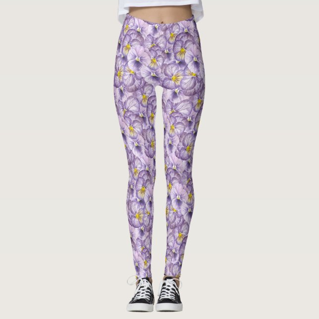 Blumenmuster in Wasserfarbe mit violetten Stiefmüt Leggings (Vorderseite)