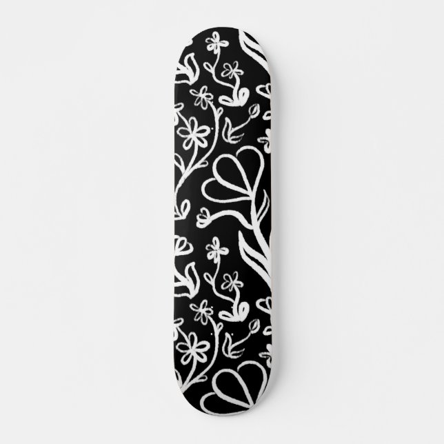 Blumenmuster in Weiß auf Schwarz Skateboard (Vorne)