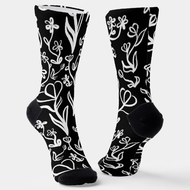 Blumenmuster in Weiß auf Schwarz Socken (Gewinkelt)