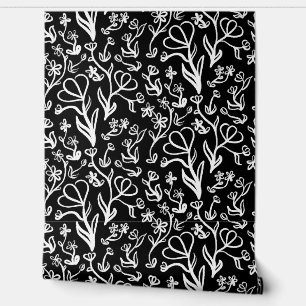 Blumenmuster in Weiß auf Schwarz Tapete