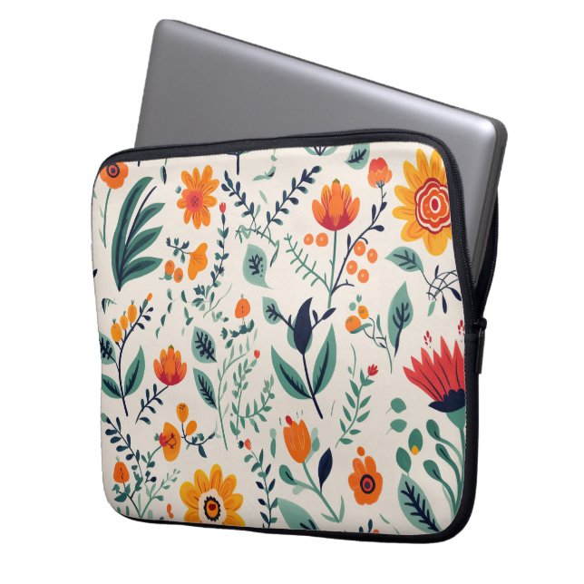 Blumenmuster-Laptop-Hülle mit lebendigem Orange Laptopschutzhülle (Vorderseite Links)