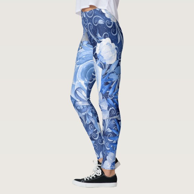 Blumenmuster-Leggings, 1 Druckdesigner für blaue B Leggings (Links)