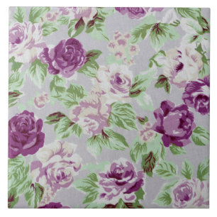 Blumenmuster lila Blüten grünes Laub Fliese