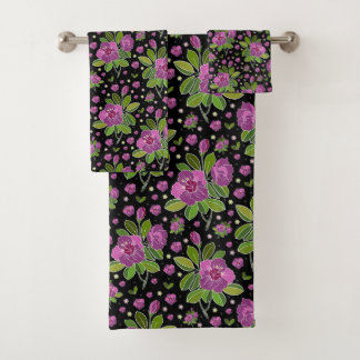 Blumenmuster Lila Rosa Grün Schwarz Badhandtuch Set